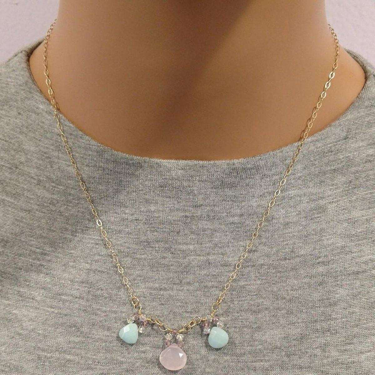 Beautiful Light Pink and Mint Chalcedony 14 Kt Gold Filled Necklace