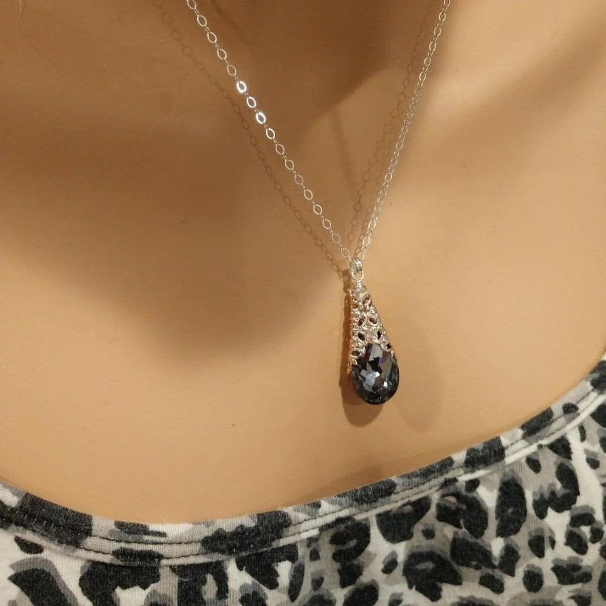 Rose Gold Filigree Wrap Crystal Black Diamond Pendant Necklace