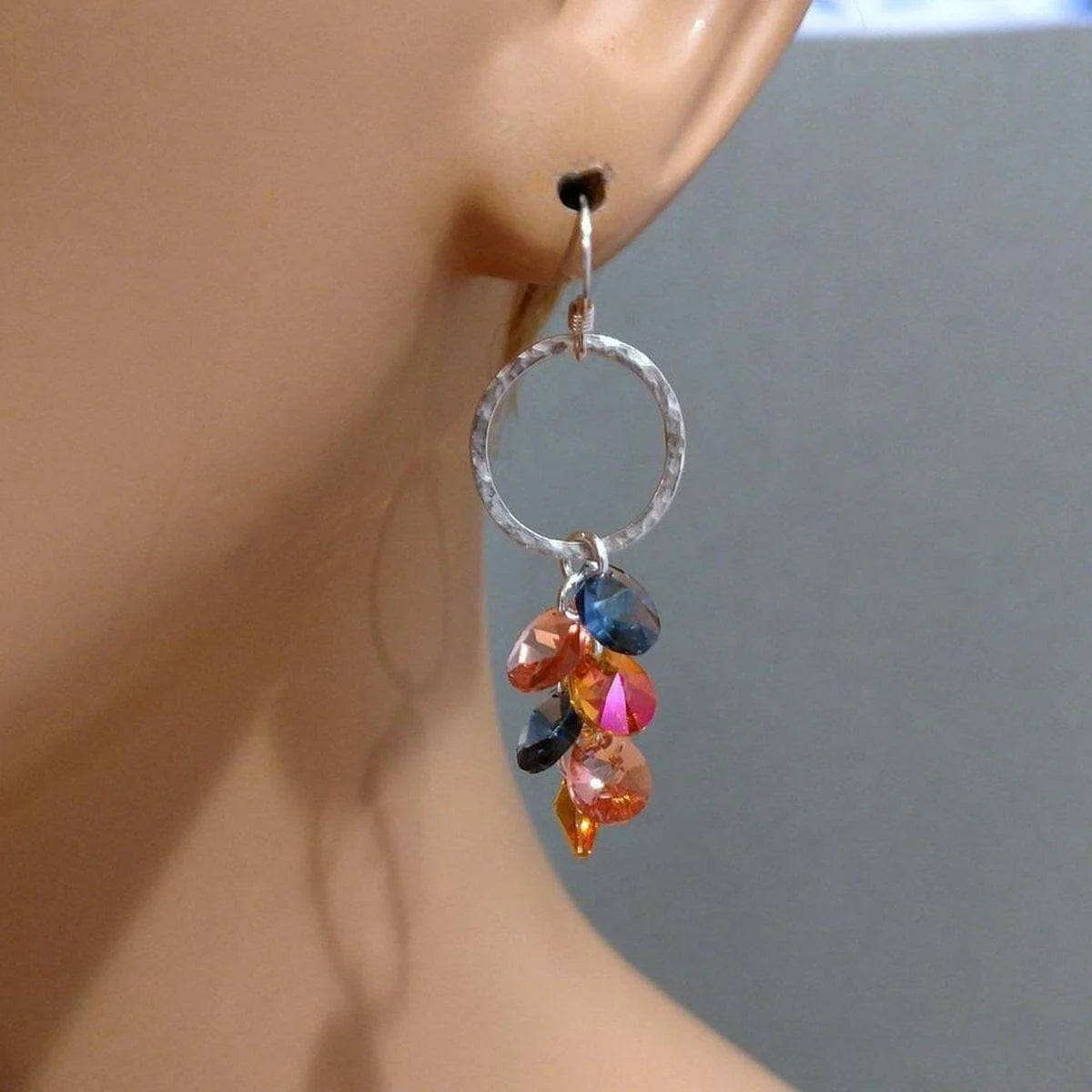 Silver Circle Multi Color Crystal Drop Dangle Earrings