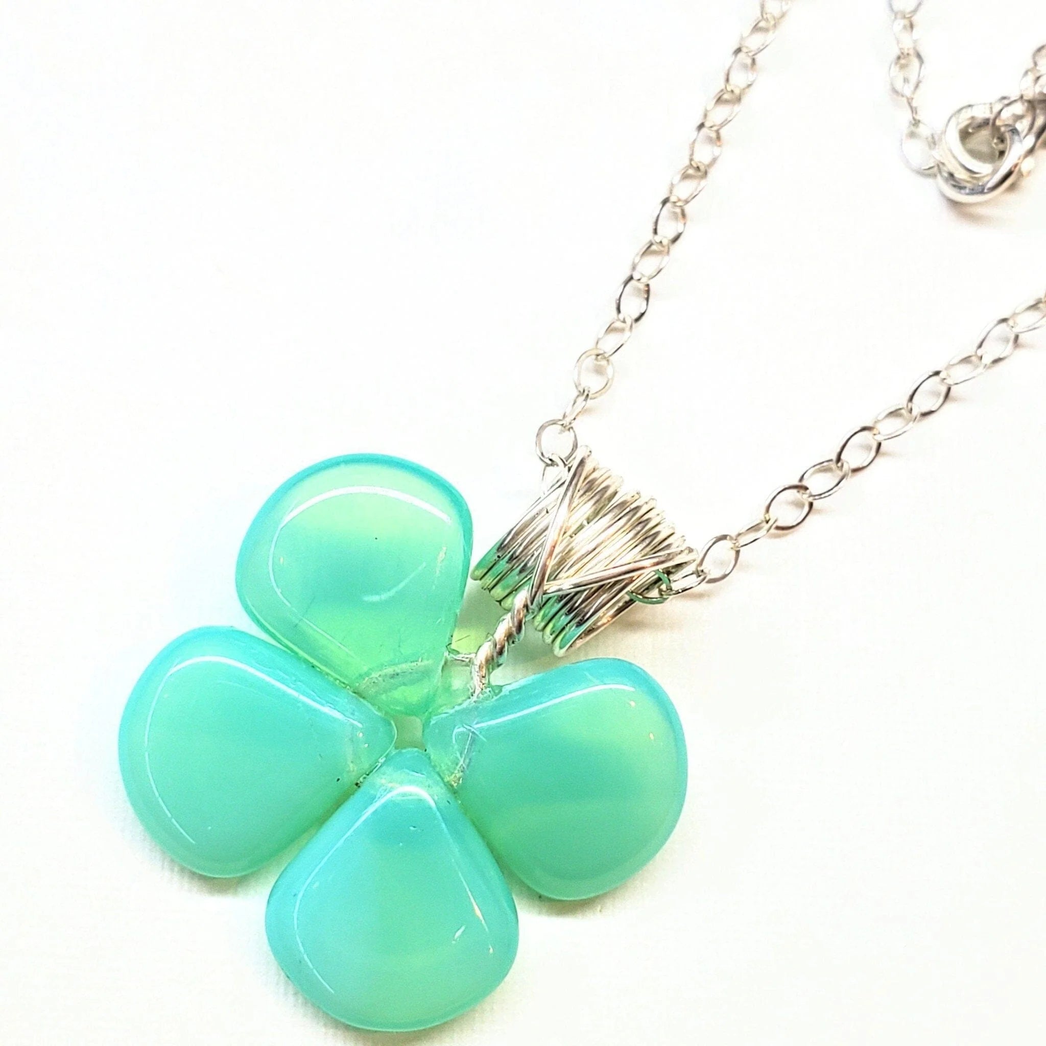 Mint Green Beaded Sterling Silver Clover Necklace