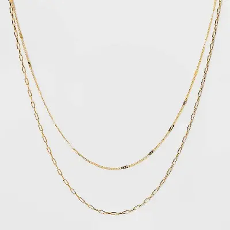 14K Gold Plated Flat Beaded and Link Chain Duo Necklace - a New Day Gold