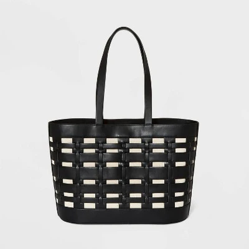 New - Basket Weave Woven Tote Handbag - a New Day Black