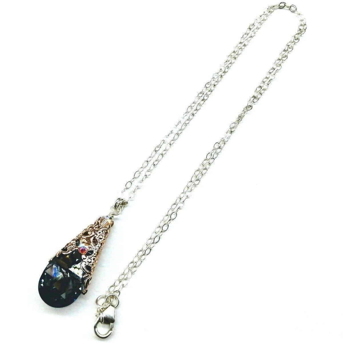 Rose Gold Filigree Wrap Crystal Black Diamond Pendant Necklace