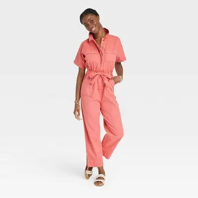 Universal Thread Women'S Short Sleeve Button-Front Boilersuit, Twill Cotton